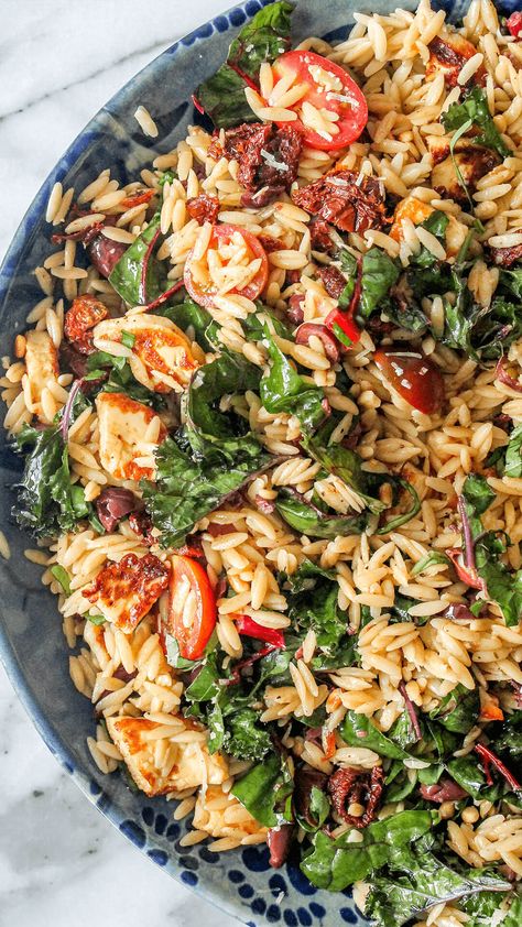 Mediterranean orzo “everything” salad Pasta Orzo Salad, Kale Orzo Salad, Orzo Kale Salad, Orzo Mediterranean Salad, Greek Orzo Salad Recipes, Orzo Mediterranean, Orzo Salads, Salad Images, Mediterranean Orzo Pasta Salad