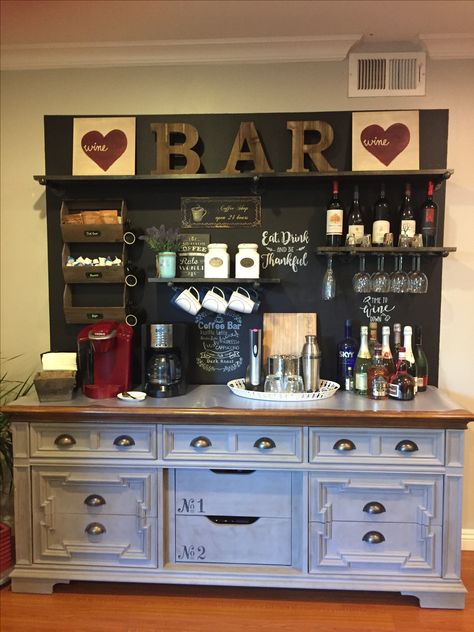 home beverage station,repainted buffet chest with annie sloan french linen chalk paint with dark wax.galvanized pipe shelving.chalk wall art. Beverage Station Diy, Beverage Station Cabinet, Buffet Drink Station, Drink Buffet Beverage Stations, Home Beverage Station, Home Drink Station, Coffee Buffet Station, Coffee Alcohol Bar, Coffee And Liquor Bar Ideas