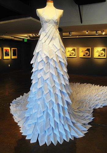 Normalcy, Not Nostrums | This is a paper dress created by Co… | Flickr Paper Dress Fashion, Recycled Gown, Newspaper Dress, Paper Clothes, Recycled Dress, Origami Fashion, Diy Kostüm, Paper Fashion, Paper Dress