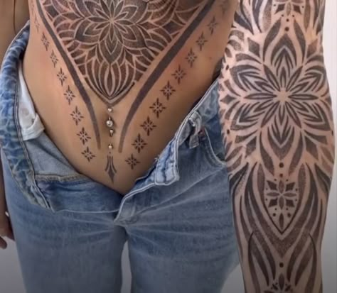 Geometric Stomach Tattoos Women, Women’s Tattoos On Stomach, Stomach Tattoo Cover Up, Ab Tattoos For Women, Mandala Stomach Tattoo, Ornamental Stomach Tattoo, Women Stomach Tattoos, Belly Button Tattoo, Wife Tattoo