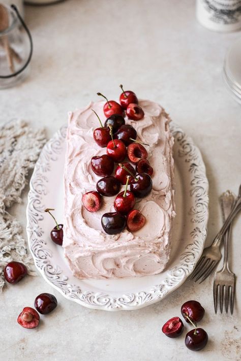 Cherry almond loaf cake with amaretto liqueur in the cake, frosted with cherry almond buttercream. Chocolate And Almond Cake, Sugared Fruit On Cake, Cherry Vanilla Cake, Cherry Bday Cake, Fruit On Wedding Cake, Berry Almond Cake, Loaf Cake Decoration, Cherry Chip Almond Cake, Almond Flour Cherry Cake