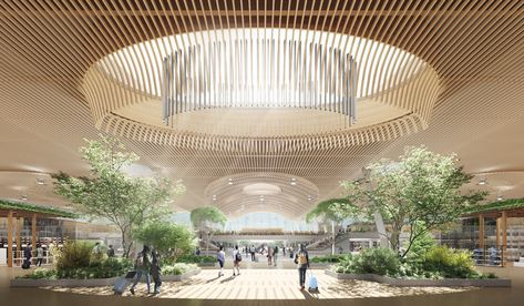 ZGF Gives a First Look at Portland International Airport's New Main Terminal Greenery Interior, Interactive Spaces, Portland Airport, Portland International Airport, Sky City, Timber Roof, Airport Design, Airports Terminal, Rehabilitation Center