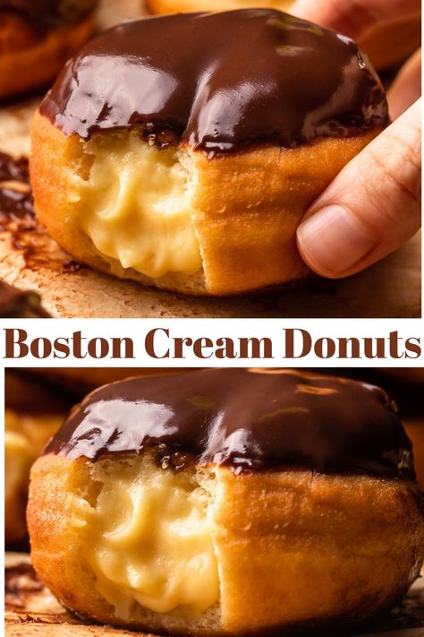 This homemade donut recipe is so fluffy and stuffed with boston cream filling! A must try doughnut recipe. Cream Donut Recipe, Boston Cream Donut, Cream Filled Donuts, Biscuit Donuts, Homemade Donuts Recipe, Boston Cream Pie, Filled Donuts, Boston Cream, Homemade Pastries