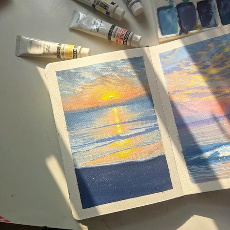 Sunset Gouache Painting, Beach Gouache, Gouache Sunset, Beach Sunset Painting, Painting Sunrise, Art Vibe, Poster Color Painting, Beach Drawing, Sunrise Colors