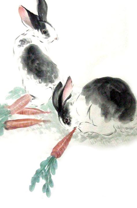 Rabbit,69cm x 46cm(27〃 x 18〃),4805004-z Chinese Rabbit, Asian Artwork, China Ink, Rabbit Pictures, Let's Make Art, Art Tutorials Watercolor, Samurai Artwork, Rabbit Painting, Chinese Brush Painting