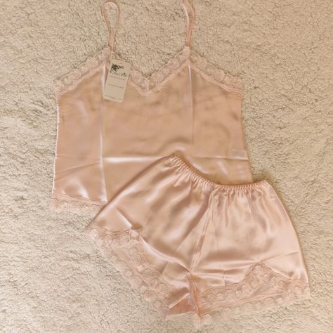 Nwt Silk Pajama Set Satin Pink Camisole And Shorts With Polyester Lace Sizes: M, L Offers Welcome! More Silk Lingerie And Panty Set Options Available In My Closet! Size M Measurements (Approx Laying Flat): Cami- Width 18.5 In, Length 20.75 In Shorts- Waist 12.5-21 In, Length 12 In Size L Measurements (Approx Laying Flat): Cami- Width 21 In, Length 21.5 Shorts- Waist 14-22 In, Length 13.5 In Cami And Shorts Pajamas, Silk Cami Pajama Set, Silk Pink Pajamas, Silk Shorts Pajamas, Coquette Pajama Set, Silk Pjs Aesthetic, Girly Pjs, Pink Satin Pajamas, Sleepwear Women Nightwear