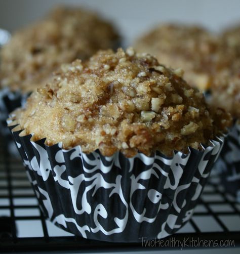 Just made these and they are really good! I added 2 tablespoons each of chia seeds and ground flaxseed.  I used a 29 ounce can of peaches instead of 15 and I chopped them up a bit first.  ALSO I can't read so I accidentally added a teaspoon of baking soda in addition to the 2 teaspoons of baking powder but I think it works just fine.  I left out the nuts (bc I didn't have any) and made the streusel with 1/4 cup oats and pinch of salt with the butter and brown sugar.  Baked till toothpick came out clean at 375. EP Healthy Peach Muffins, Banana Streusel Muffins, Apple Spice Muffins, Crumb Topping Recipe, Apple Muffin, Banana Bread Muffin Recipe, Apple Muffin Recipes, Peach Muffins, Crumb Muffins