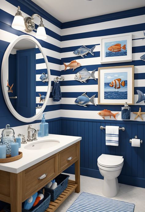 Dive into the world of nautical themes with blue and white stripes and fun fish decorations. Ideal for little sailors #NauticalBathroom #KidsDecor Fishing Themed Bathroom, Nautical Themed Bathroom, Kids Bathroom Ideas, Fish Decorations, German Houses, Nautical Bathroom, Themed Bathroom, Nautical Bathrooms, Fishing Decor