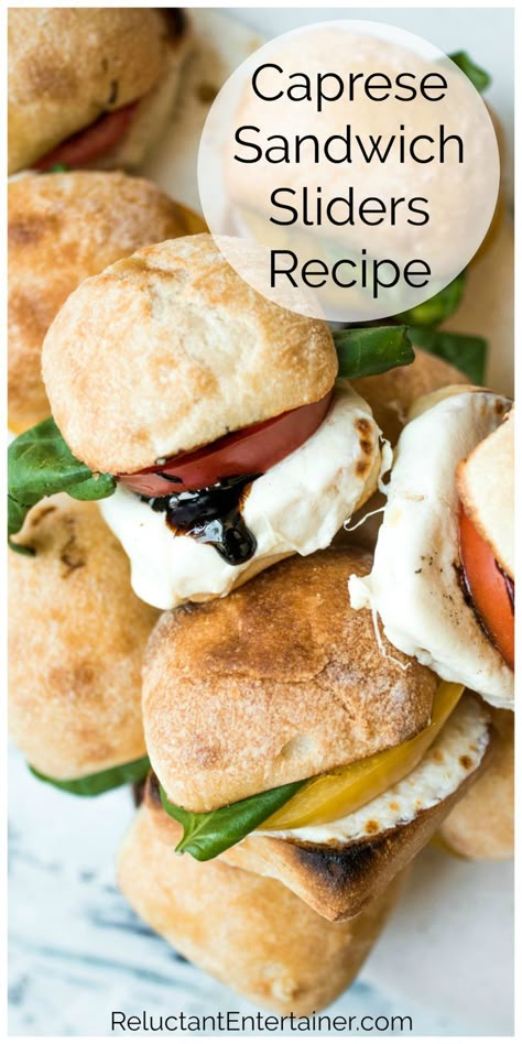 Vegetarian Caprese Sandwich Sliders Recipe for 6, inspired by the simple Italian salad, with fresh mozzarella cheese, tomatoes and basil on French rolls. Caprese Sliders Recipes, Vegetarian Sliders, Simple Italian Salad, Veggie Sliders, Caprese Sliders, Crowd Meals, Caprese Sandwich Recipe, Sandwich Sliders, French Rolls