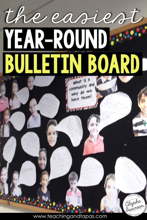 Essential Questions and the EASIEST year round bulletin board | Teaching and Tapas Reading Bulletin Boards Kindergarten, Class Jobs Bulletin Board, Year Round Bulletin Boards, Year Round Bulletin Board Ideas, Elementary Bulletin Boards, Reading Bulletin Boards, Preschool Bulletin, Preschool Bulletin Boards, Elementary Library