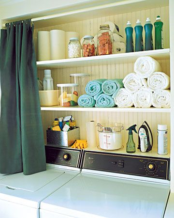 mounted laundry room shelves and how to hide them Organize Life, Martha Stewart Home, Mini Loft, Kabinet Dapur, Laundry Room Shelves, Laundry Closet, Ideas Hogar, Laundry Room Storage, Laundry Mud Room