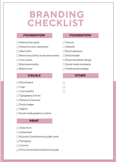 Branding Checklist | Building your Business Business Planning Checklist, How To Build A Fashion Brand, Branding Checklist Small Businesses, Brand Identity Checklist, Color Palette For Marketing Agency, Rebrand Checklist, Graphic Design Checklist, Business Color Palette Brand Design, Checklist Design