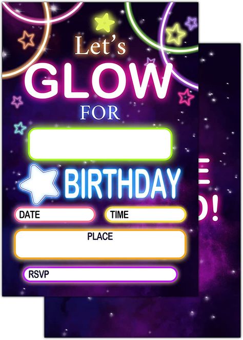 Glow Birthday Party Ideas, Glow Birthday Party Invitations, Spa Birthday Invitations, Neon Party Invitations, Uv Party, Neon Birthday Party, Glow Birthday Party, Birthday Milestone Board, First Birthday Posters