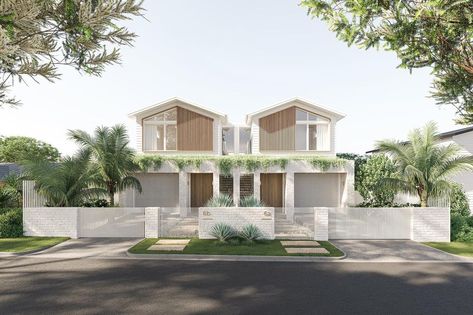 cross nestled amongst the quiet streets of Miranda with views across yowie bay, this dual occupancy facade provides a coastal oasis of… | Instagram White Duplex Exterior, Duplex Facade, Australia Beach House, Duplex Exterior, Coastal Facade, Timber Joinery, Dual Occupancy, Luxury Homes Exterior, Recycled Brick