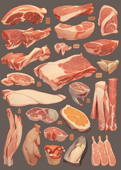 Meat Tutorial Drawing, Meat Texture Drawing, How To Draw Meat, Fantasy Food Concept Art, Food Concept Art, Meat Painting, Eating Reference, Meat Drawing, Meat Art