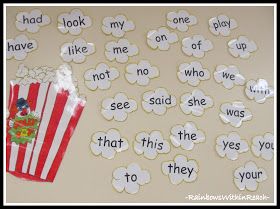 Word wall Popcorn Theme Classroom, Word Wall Kindergarten, Sight Word Wall, School Wall Art Ideas, Popcorn Words, Popcorn Theme, Preschool Charts, Kindergarten Sight Words, Child Growth