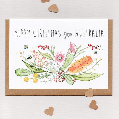 MERRY CHRISTMAS From AUSTRALIA . Australian Christmas Card . - Etsy Australia Australian Christmas Cards, Owl Christmas Card, Flowers And Bees, Aussie Christmas, Australian Christmas, Australian Native Flowers, Native Flowers, Happy Cards, Art Carte