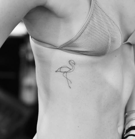 Continuous line flamingo tattoo on the right side ribcage. Continuous Line Tattoo, Small Rib Tattoos, Flamingo Tattoo, Rib Tattoos For Women, Small Tattoos With Meaning, 4 Tattoo, Small Wrist Tattoos, Small Tattoos For Guys, Rib Tattoo