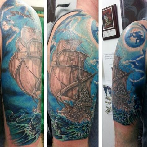 Pirate Ship Tattoo Designs Peter Pan Black And White, Captain Hook Tattoo, Captain Hook Ship, Ship Tattoo Sleeves, Pan Tattoo, Ship Tattoos, Hook Tattoo, Pirate Ship Tattoo, Peter Pan Tattoo