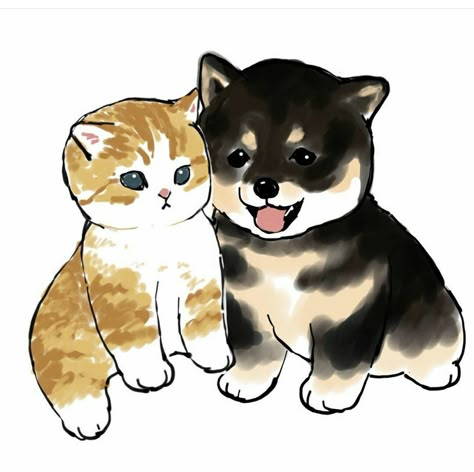 Dog Pictures To Draw, Bananya Cat, Cat And Dog Drawing, Dog Drawing Simple, Dog Cat Pictures, Cute Puppies And Kittens, Kitten Drawing, Puppy Drawing, Cute Cartoon Drawings