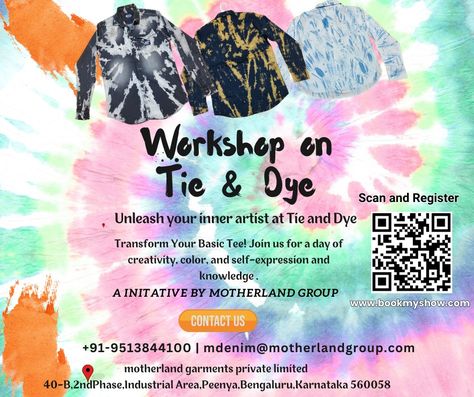 Ready for a splash of color and a whole lot of fun? Join us for our Tie & Dye Workshop where you'll learn, laugh, and create your very own vibrant masterpieces! 🌈 check bio and get direct link: 📅 Date: all Saturdays 📍 Location: Motherland Garments Pvt Ltd - Unit 3 40-B, 2nd Phase, Phase Industrial Area, Peenya, Bengaluru, Karnataka 560058 🎟️ Book Your Spot: https://in.bookmyshow.com/events/tie-and-dye-workshop/ET00396607 Get ready for a colorful adventure! Reserve your spot now and let t... Splash Of Color, Basic Tee, Join Us, Color Splash, Create Yourself, Create Your, Tie Dye, Dye, Quick Saves