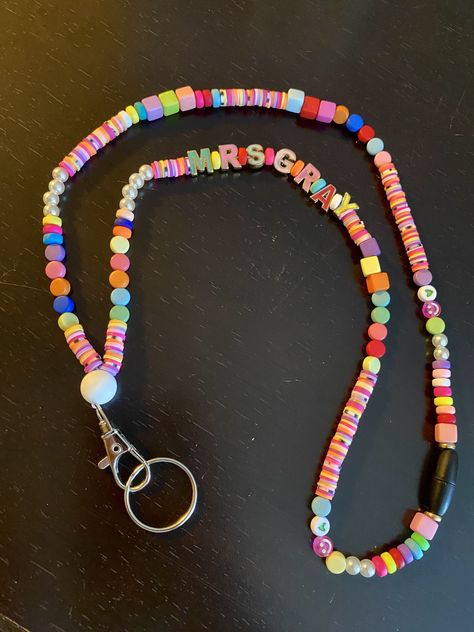 Beaded lanyard perfect for teachers, staff memebers or students! Customized name option with hook & ring. Custom Teacher Lanyard, Teacher Lanyard Beaded, Canton Tx, Diy Lanyard, Personalized Lanyards, Lanyard Teacher, Wrist Stacks, Beaded Lanyard, Teacher Lanyard