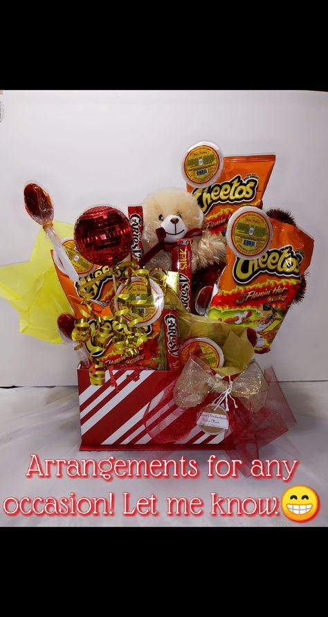 Who doesn't love "Hot Cheetos"? I made this arrangement for an ideal gift for someone who loves the spicy treat as well as added spicy candy and some chocolate. Easter Arrangements, Spicy Candy, Hot Cheetos, Easter Arrangement, Dr Pepper, Home Alone, Quinceanera, Gift Baskets, Ideal Gift