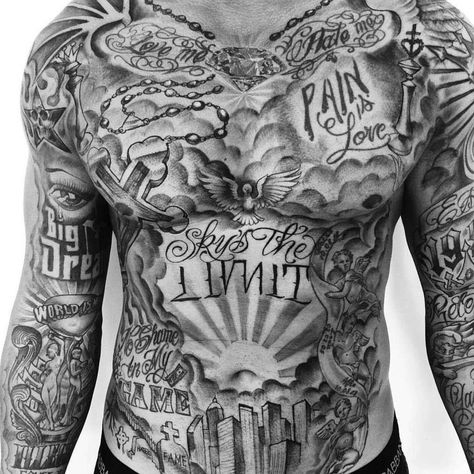 Full Chest Tattoos, Art Chicano, Black Men Tattoos, Torso Tattoos, Gangsta Tattoos, Chicano Tattoos, Cool Chest Tattoos, Chest Tattoos, Chest Piece Tattoos