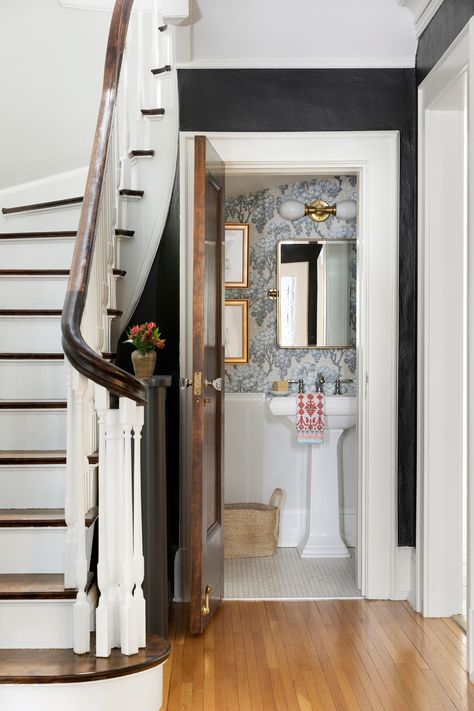 Foyer staircase with stained treads, powder room details with pedestal sink and botanical wallpaper. Pedestal Sink Powder Room, Jkath Design, Historic Bathroom, Powder Room Wallpaper, Newly Remodeled Kitchens, Custom Bathroom Vanity, Floor Heating Systems, Primary Suite, Wallpaper Ceiling