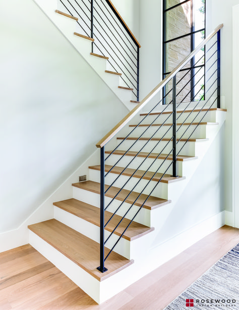 Stair Rails Modern, Staircase Design Modern Railing Ideas, Modern Small Staircase, Modern Indoor Staircase, Rod Stair Railing, Modern Open Staircase Ideas, Partial Open Staircase, Scandinavian Railing Stairs, Black Wire Stair Railing