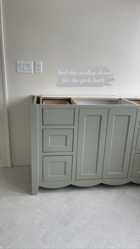 Hand Painted Powder Room, Gray Marble Bathroom Countertop, Shower Beside Vanity, Scalloped Bathroom Vanity, Girls Jack And Jill Bathroom Ideas, Cabinet Skirt, Scalloped Cabinet, Cabinetry Details, Guest Bathroom Ideas