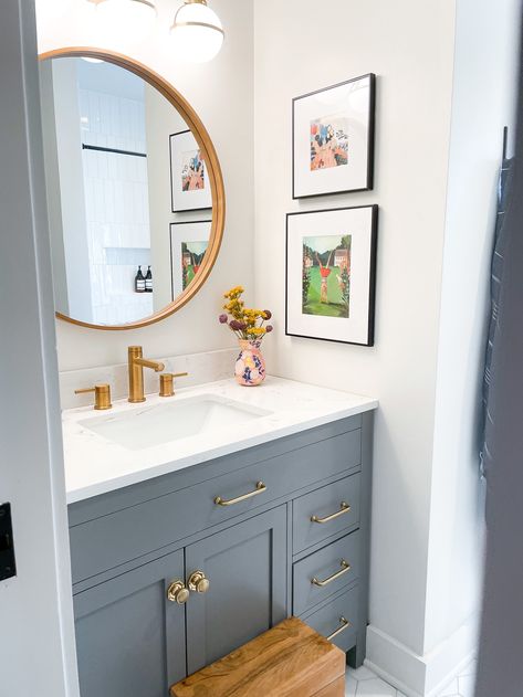 Small Boys Bathroom Ideas, Boy Bathroom Ideas Kid, Hgtv Bathroom Ideas, Children’s Bathroom, Colored Bathroom Vanity, Boy And Girl Bathroom Ideas, Toddler Bathroom Ideas, Boys Bathroom Ideas, Mindfully Gray