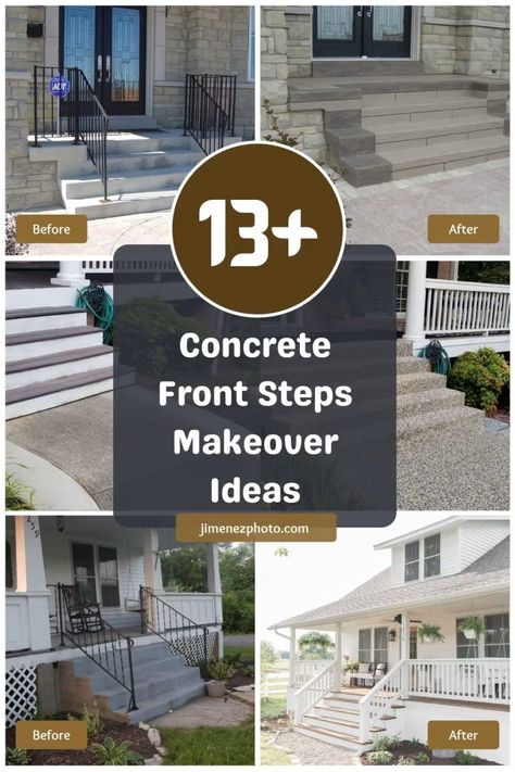 13+ Fascinating Concrete Front Steps Makeover Ideas for Curb Appeal Booster – JimenezPhoto Stencil Concrete Steps, Front Entry Stairs Exterior, Concrete Steps Makeover Front Porches, Front Stoop Makeover, Front Steps Ideas Concrete, Front Steps Makeover, Steps Makeover, Front Porch Stone Steps, Stoop Ideas