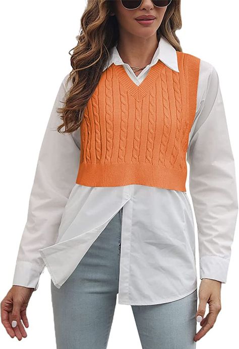 Lailezou Women's V-Neck Knit Sweater Vest Solid Color Argyle Plaid Preppy Style Sleeveless Crop Knit Vest Orange at Amazon Women’s Clothing store Orange Vest Outfit, Plaid Sweater Vest, Winter Tops For Women, Vest Outfits For Women, Sweater Vest Mens, Outfit Planning, Solid Tank Tops, Knit Sweater Vest, Sweater Vest Women