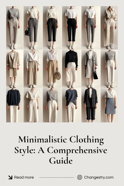 This Pinterest pin showcases a guide to embracing minimalistic style in clothing. The pin's visual elements complement the textual content, which outlines key aspects of adopting a minimalist wardrobe and lifestyle Minimalistic Clothing, Minimizing Clutter, Minimalist Closet, Minimalistic Style, Minimalist Wardrobe, Outfit Combinations, Affordable Clothes, Minimalist Aesthetic, Minimalist Outfit