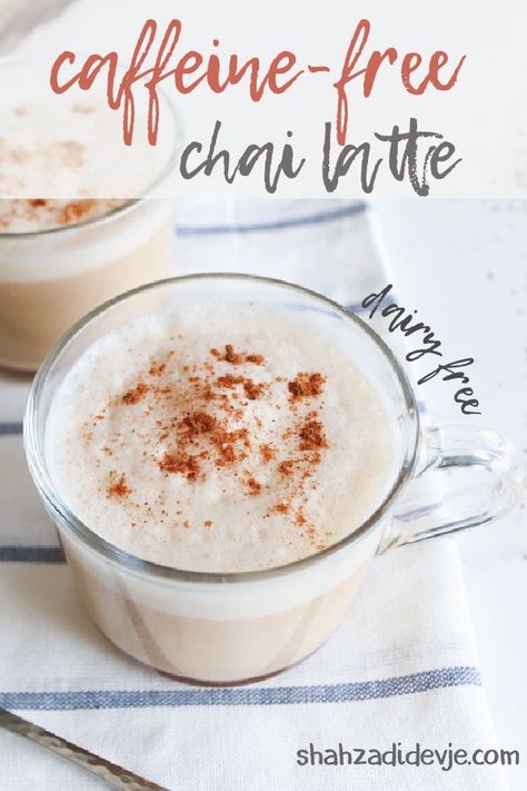 Red Rooibos tea is blended with almond butter, dates and soy milk to create a creamy, frothy and incredibly tasty caffeine free vegan chai latte recipe. #caffeinefree #chailatte #chai Paleo Beverages, Caffeine Free Drinks, Chai Latte Recipe, Collagen Recipes, Paleo Drinks, Caffeine Free Tea, Food Eating, Chai Tea Latte, Healthy Food Delivery