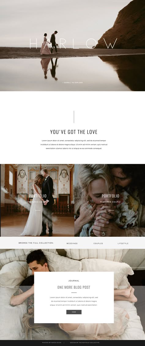 Harlow is a multi-page website built for the modern adventurer photographer. Bold accents, modern fonts to showcase large images and galleries. Harlow was designed by The Buffalo Collective for Showit. Blogging Templates, Webdesign Portfolio, 블로그 디자인, Wedding Web, Photography Website Templates, Photography Website Design, Webdesign Inspiration, Photographer Website, Creative Web Design