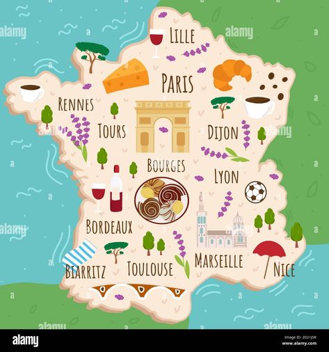 Download this stock vector: Cartoon map of France. Travel illustration with landmarks, buildings, food and plants. Funny tourist infographics. National symbols. Famous - 2D21J5R from Alamy's library of millions of high resolution stock photos, illustrations and vectors. Paris Map Illustration, Wedding Map Illustration, Paris Map Art, Paris Map Print, City Maps Illustration, Funny Maps, Paris City Map, Plants Funny, Illustration City