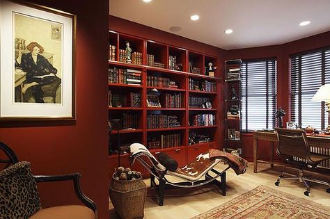 Modern red library: Le Corbusier cowhide chaise + built-in bookshelves | Flickr - Photo Sharing! Red Bookshelf, Mancave Office, Angels Supernatural, Eames Office Chair, Library Study Room, Library Home Office, Henry Fielding, Books Shelves, Library Bookshelf