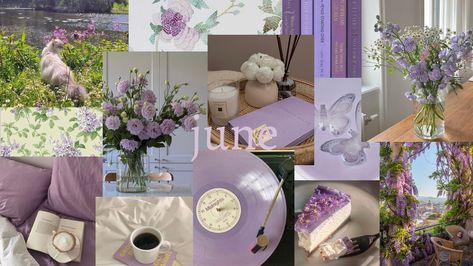 a purple moodboard for the month of June June Moodboard, Purple Moodboard, Moodboard Wallpaper, June Month, Month Of June, Purple Wallpaper, Wall Collage, Photo Collage, Mood Boards