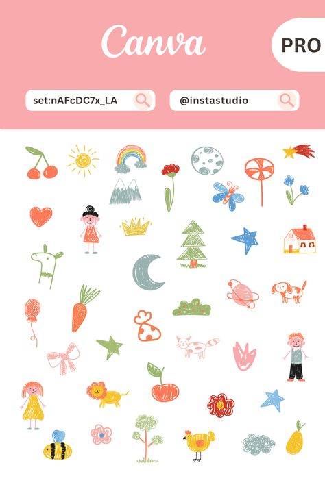 Kids Paintings Doodle Canva Graphic Elements Cute Canva Stickers, Canva Doodle Elements, Canva School Elements, Canva Sets Elements, Cute Canva Elements, Canva Doodle, Canva Sets, Canva Keywords Elements, Font Canva Lettering