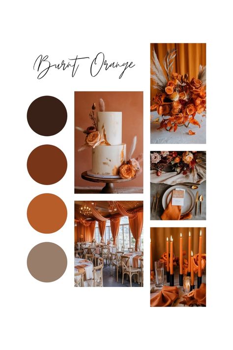 Burnt orange wedding table setup with florals and copper accents. Autumn Wedding Colors Palette, Rose Gold Wedding Palette, Orange Wedding Color Scheme, Wedding Color Schemes Fall, Wedding Alcohol Calculator, Fall Wedding Colors October, Fall Wedding Reception Decorations, Navy And Sage, Orange Fall Wedding