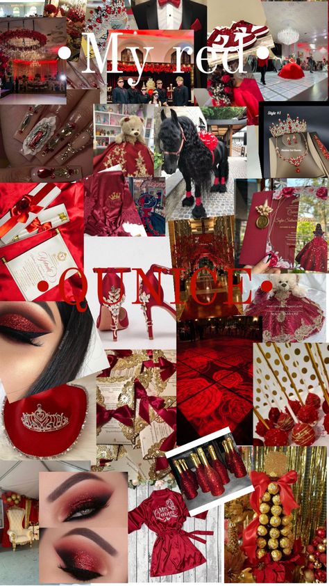 Red quince dresses and heels makeup and etc Sweet 15 Red Theme, Red Theme Quince, Mexican Quince Theme, Red Charro Quince, Quince Makeup Red, Black And Red Quince, Red Theme Quinceanera Ideas, Quinceanera Red Theme, 15 Themes Quinceanera