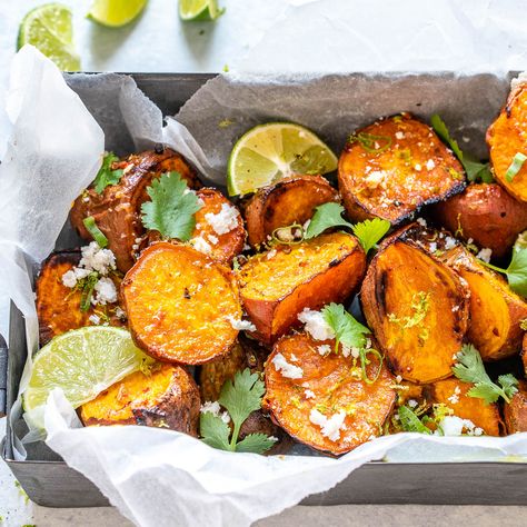 Chili Lime Roasted Sweet Potatoes Luteal Recipes, Clean Food Crush Recipes, Chili Lime Sweet Potato, Chili Lime Shrimp, Roasted Sweet Potato, Lime Shrimp, Cooking Sweet Potatoes, Clean Food Crush, Food Crush