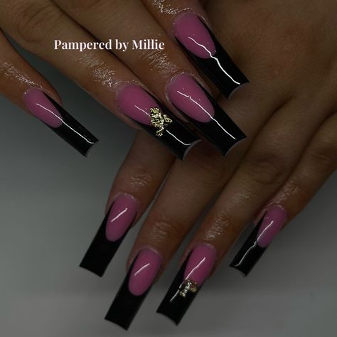 Pink Based French Nails, Clear Pink And Black Acrylic Nails, Pink And Black French Tip Nails Short, Pink And Black Nails Acrylic French Tips, Pink With Black French Tip Nails, Pink Acrylic With Black French Tip, Pink Acrylic Black French Tip, Pink Base And Black French Tip Nails, French Tip Acrylic Nails With Pink Base