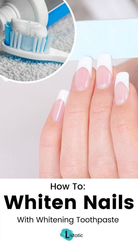 Learn how to easily whiten your nails with teeth whitening toothpaste! If you've got stubborn stains on your nails, then this simple life hack is your best bet at kissing those unsightly stains goodbye. Click on the pin for the full instructions and more nail whitening methods over on Listotic! #manicure #pedicure Whitening Nails, How To Whiten Nails, White Spots On Nails, Stained Nails, Nail Polish Stain, Nail Whitening, Teeth Whitening Toothpaste, How To Grow Nails, Eyelashes Mascara