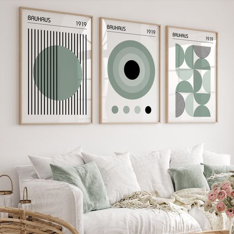 Bauhaus Poster Set in Sage Green, Set of 3 Mid Century Modern Prints, Trendy Living Room Triptych, Bauhaus 3 Piece Wall Art Set, Bedroom Art Bauhaus Poster, Organic Art, Living Room Prints, Trendy Living Rooms, 3 Piece Wall Art, Bedroom Art, Modern Prints, Photographic Prints, Sage Green