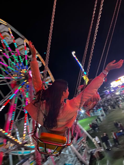 neon lights, carnival swing Poses For Amusement Park, Fair Pics Ideas, Fair Outfit Ideas Carnival Summer Night, Pictures To Take At The Fair, Amusement Park Pose Ideas, Aesthetic Carnival Pictures, Six Flags Pictures Ideas, State Fair Picture Ideas, Fairground Outfit Ideas