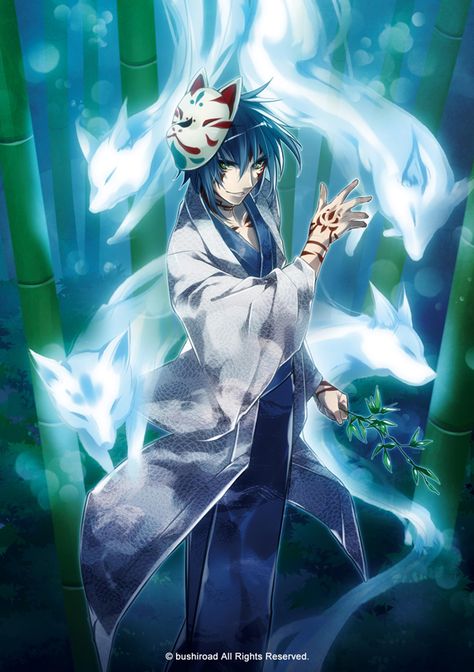 1boy bamboo blue_hair cardfight!!_vanguard company_name facial_tattoo fox fox_mask fox_tamer_izuna green_eyes japanese_clothes kimono leaf male_focus mask mask_on_head official_art solo tattoo teeth yomo_(ym) Japanese Fox Mask, Cardfight Vanguard Cards, Kitsune Mask, Fox Boy, Kitsune Fox, Fox Spirit, Cardfight Vanguard, Character Wallpaper, Character Design Male