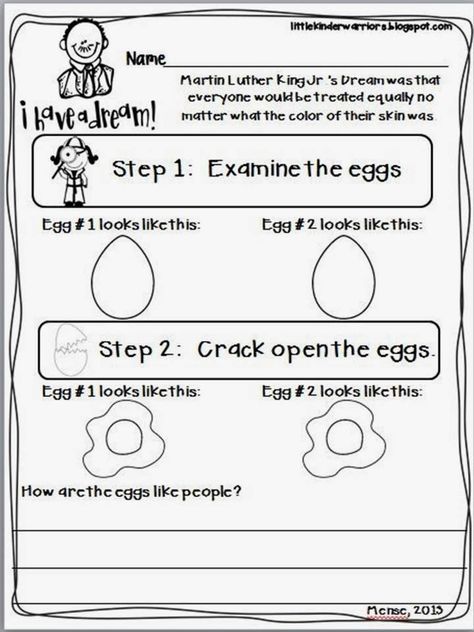 I'm sure that you have seen this MLK day activity out there :) It's been around for a while. I wish I knew the original source!! I did this... Egg Experiment, Mlk Activities, Martin Luther King Activities, January Kindergarten, Mlk Jr Day, January Classroom, Teaching Holidays, Kindergarten Social Studies, Mlk Jr